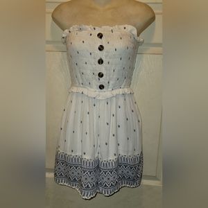 American Eagle blue/white strapless romper w/ pockets rushed top fully lined